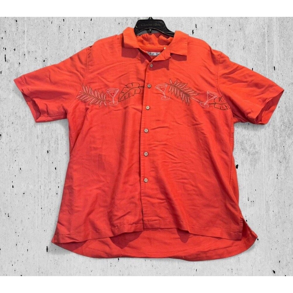 Batik Bay Mens Red Stiched Leaves Short Sleeve Button Up Shirt  Size Large